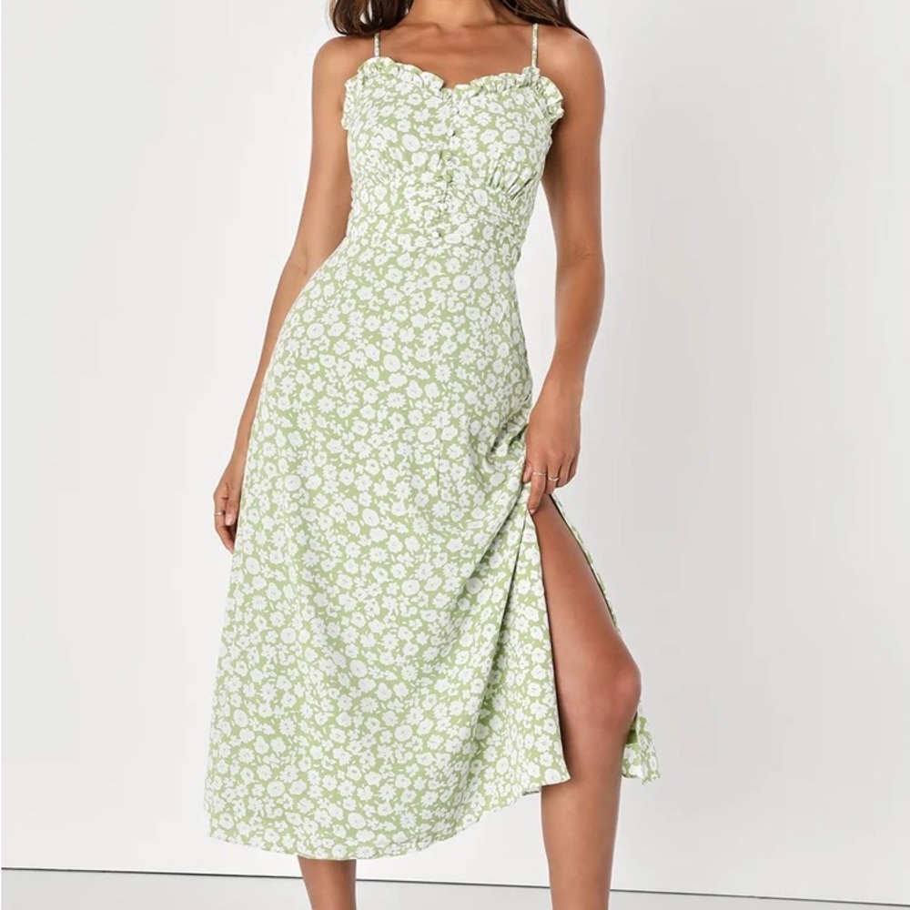 NWT Lulus X LUSH Timeless Touch Green Floral Print A-Line Midi Dress